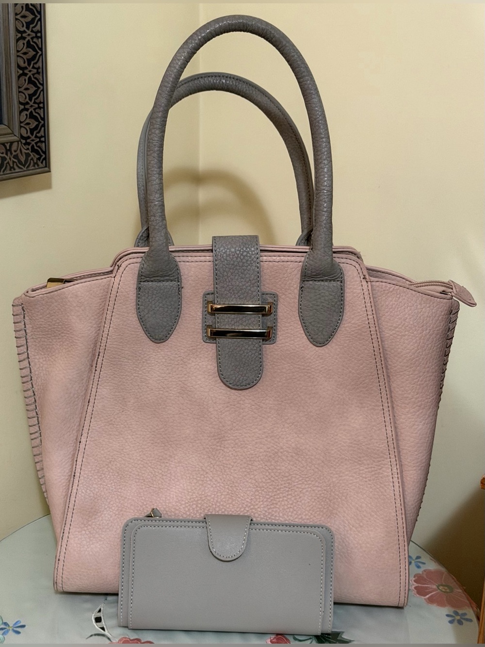 Karla Hanson Classic Pink & Gray Tote Handbag with Matching Wallet